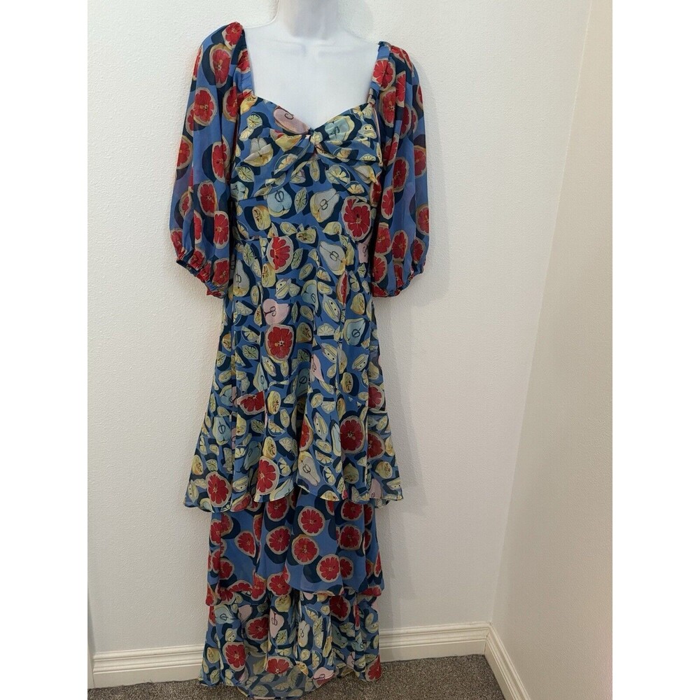 Anthropologie Hutch Frutas tiered fruit print dress Size 6 Maxi Blue New